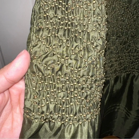 IPSA Anthropologie 100% Silk Olive Green Satin Beaded Peplum Blouse Size Medium - Picture 4 of 9